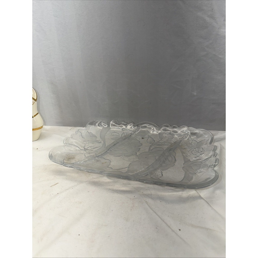 12" Rose Embossed Clear Frosted 3 Section‎ Glass Serving Platter